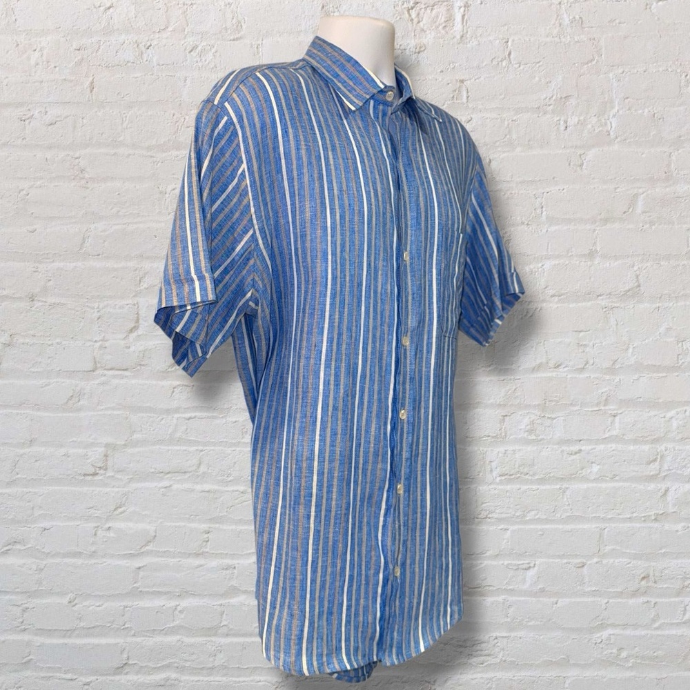 🌴 VTG Puro Lino Made in Italy 100% Linen Blue Striped Button-Up Shirt Men’s L